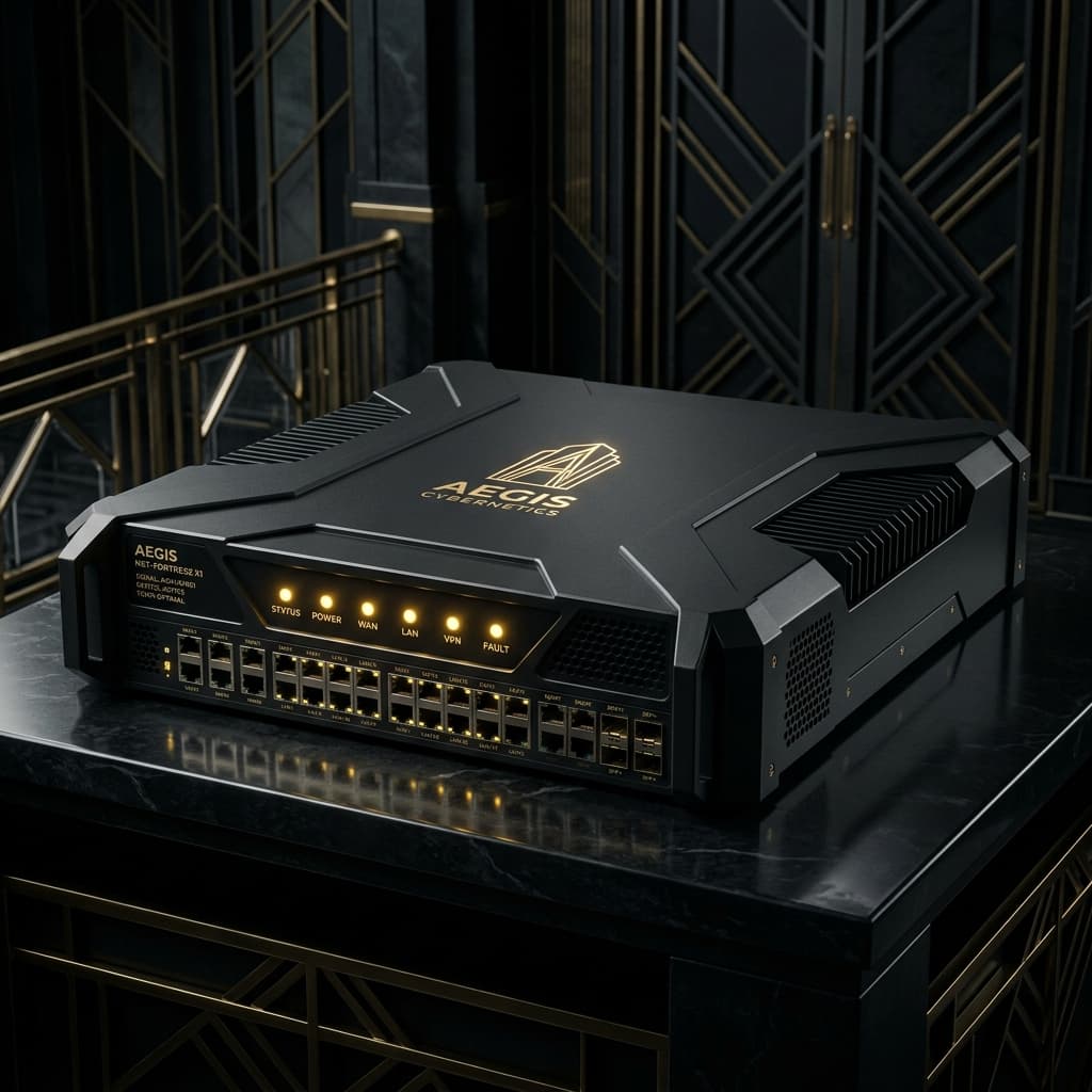 A hardened firewall appliance under gold rim-light